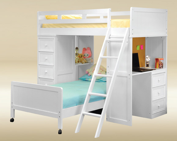 white wood loft bed with desk