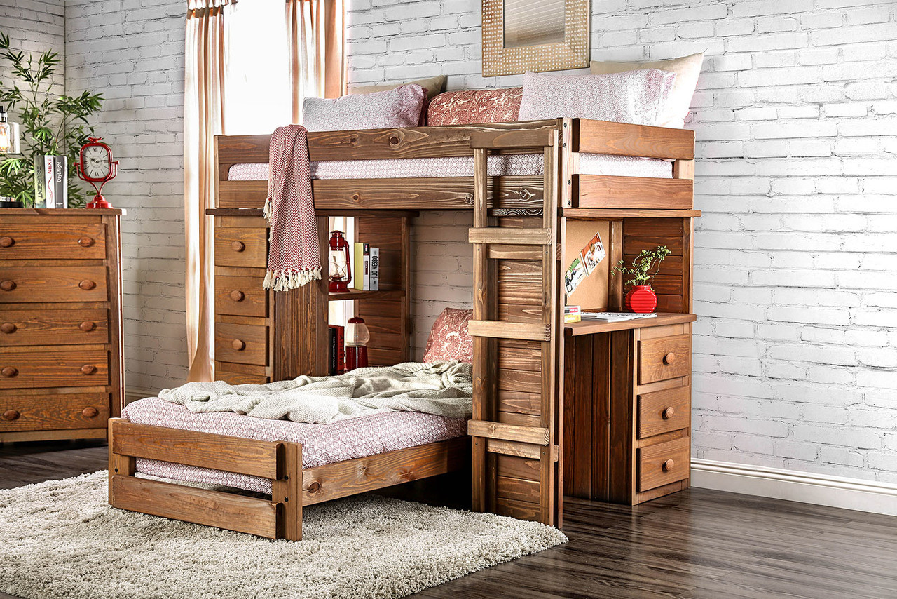 Rustic Style Twin Loft Bed With Desk And Chest