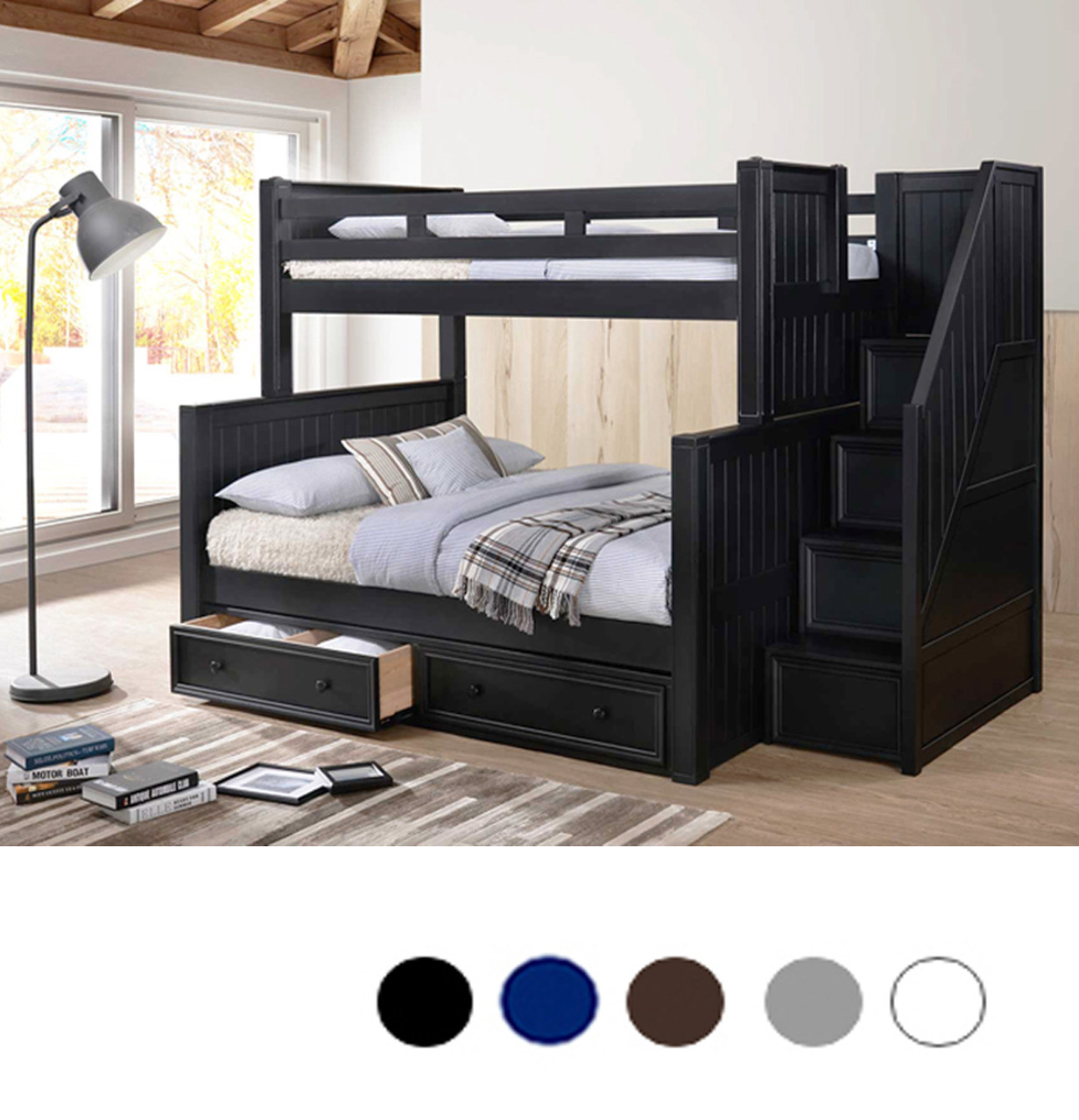 black bunk bed with stairs