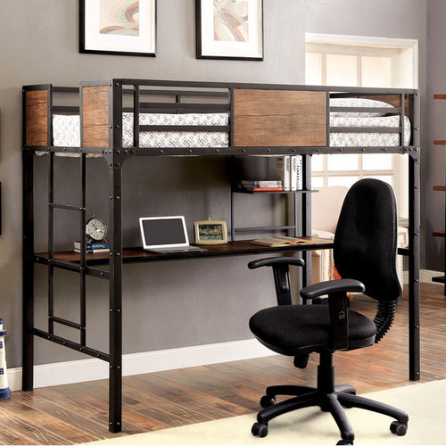 Furniture of America Twin Metal Loft Bed w/ Workstation Below | Industrial Style 
