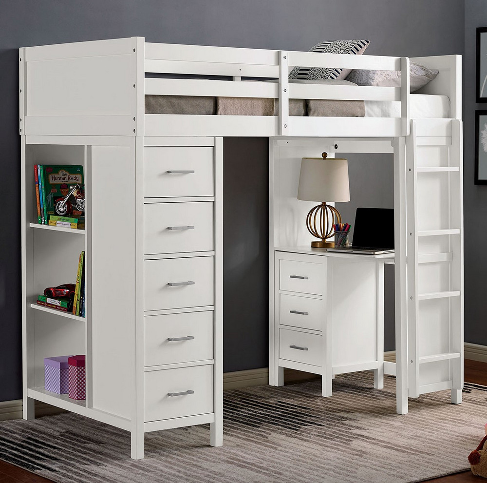 Twin Loft Bed with Desk, Chest of Drawers + Bookshelf