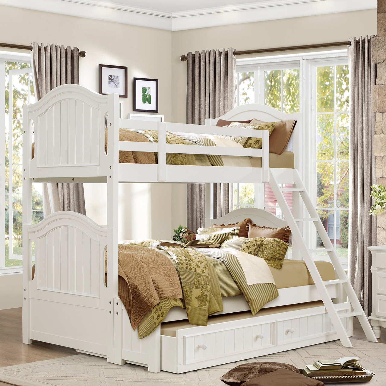 Park River Twin Full Bunk Bed in White with Trundle