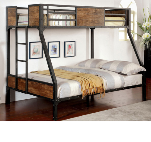 Furniture of America Industrial Metal Wood Twin Full Bunk Bed 