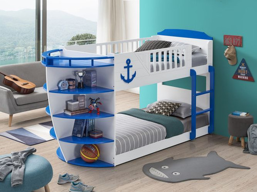  Saturn Twin Size Bunk with Storage in White with Sky Blue Accents
