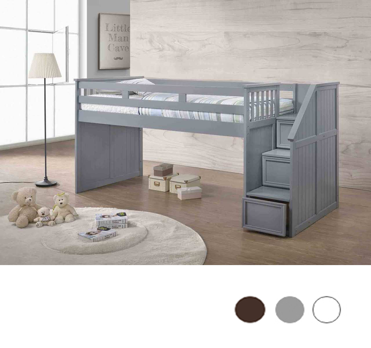 low loft bed with drawers