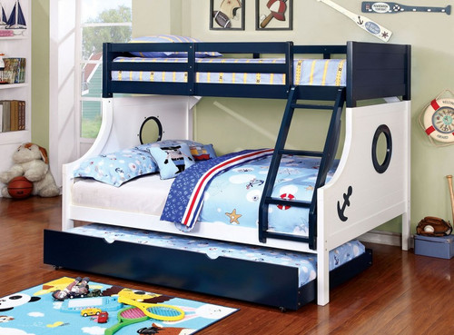 Marina Ship Style Nautical Blue White Twin Full Bunk Bed with Trundle