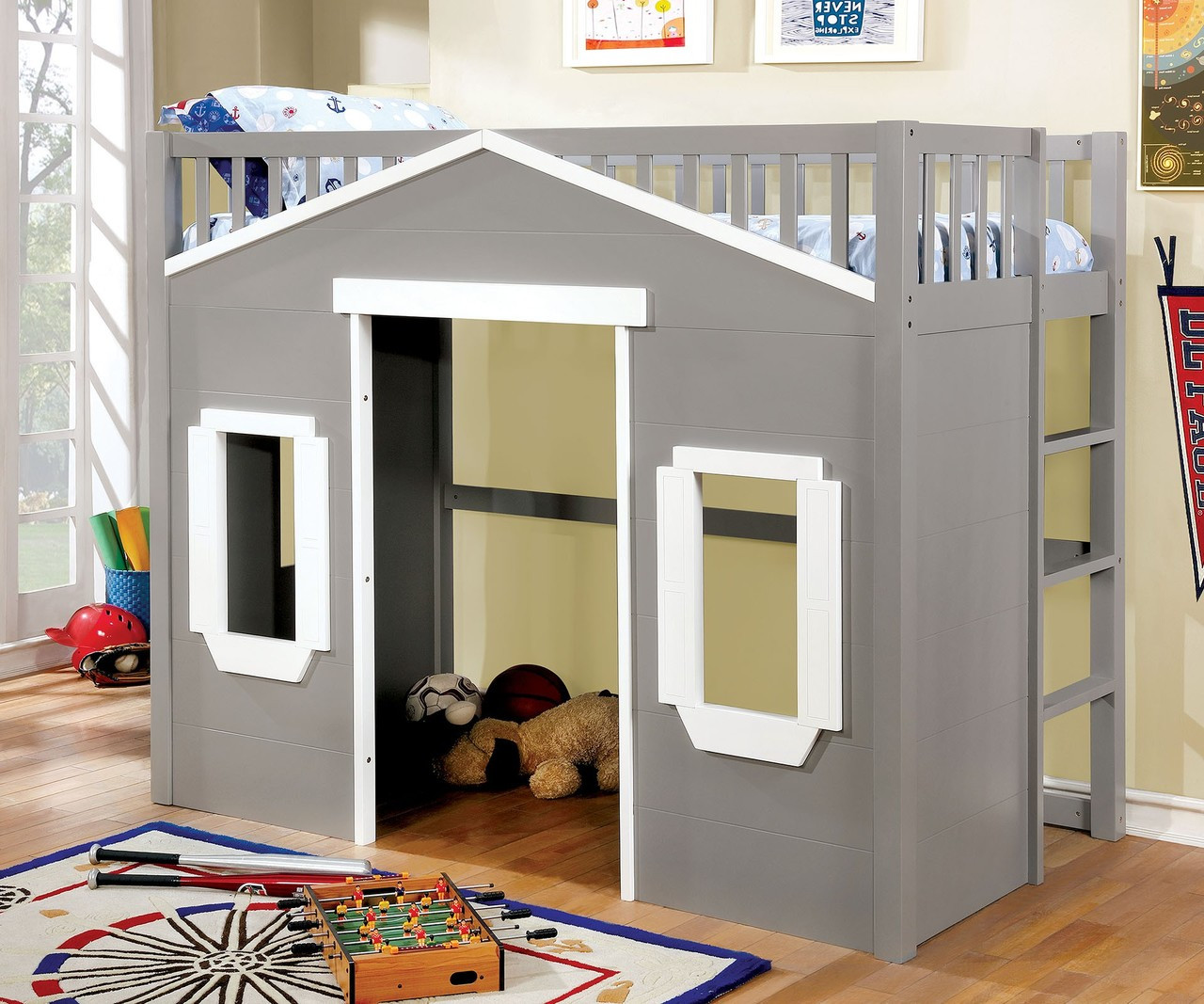 House Inspired Twin Loft Bed In Gray 
