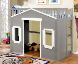 House Inspired Twin Loft In Gray Finish | Fun House-Themed Frame with Play Area Below