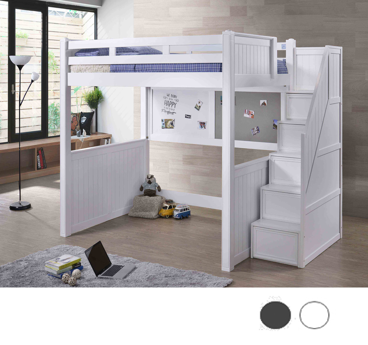 Dillon White Full Size Loft Bed with Steps | Loft Beds for Adults