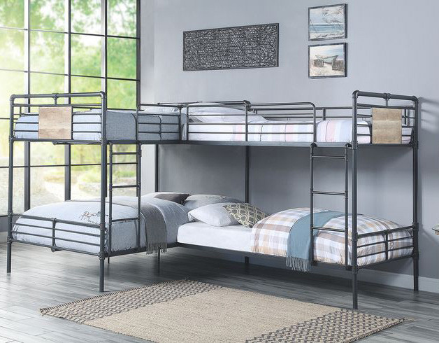 Pipe Style Quad L-Shaped Bunk Bed for 4 in Black Finish