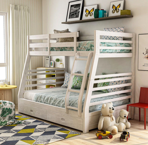  Wood Twin on Double Bunk with Storage in Wire Brushed White