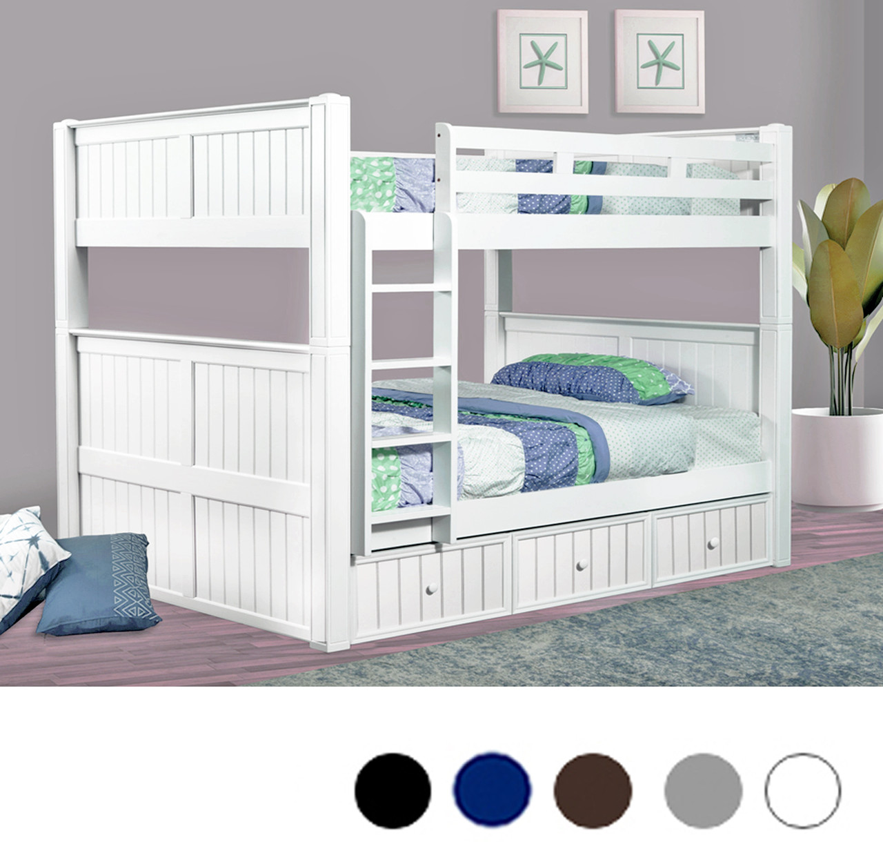 Queen Bunk Bed Wood in White with Trundle - Dillon
