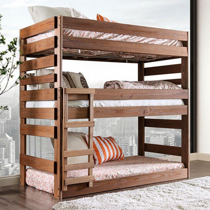 Julian 3-Level Twin Size Bed in Rustic Finish | 3-Level Bunk Beds