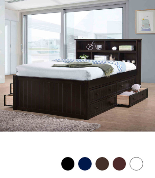 Dillon XL Full Size Bookcase Captain's Bed with Storage Drawers in Espresso