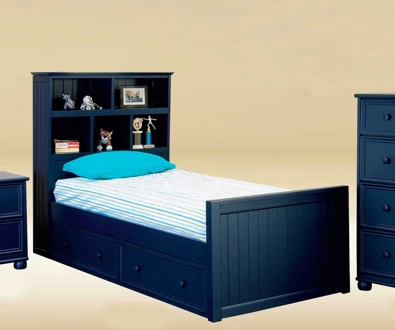 Gavin Bead Board Twin Bookcase Bed With Drawers Trundle