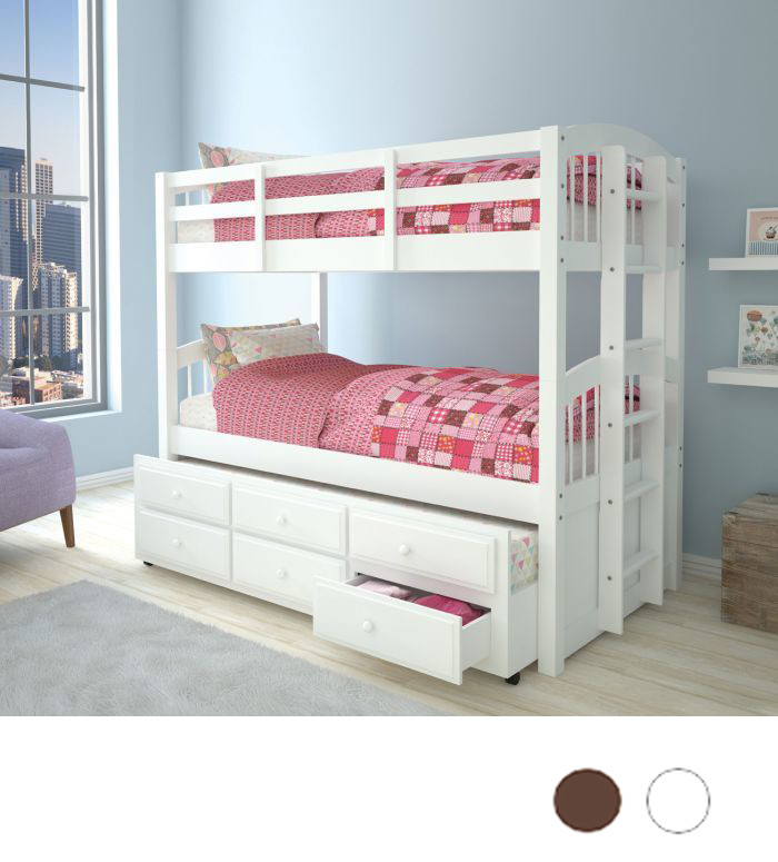 white bunk beds with shelves