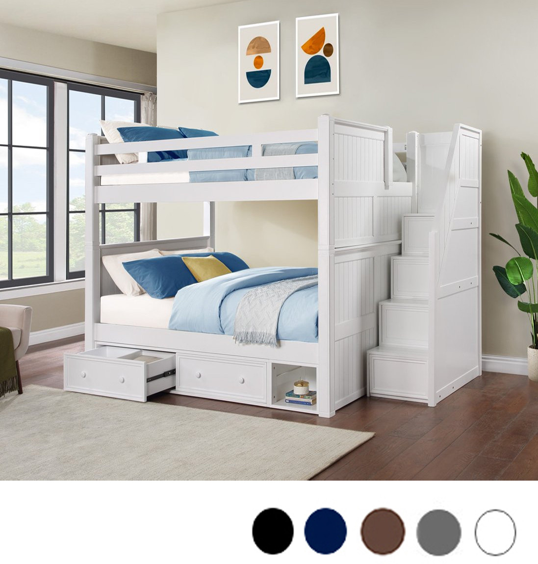 Queen Bunk Bed with Stairs + Trundle , Storage Drawers