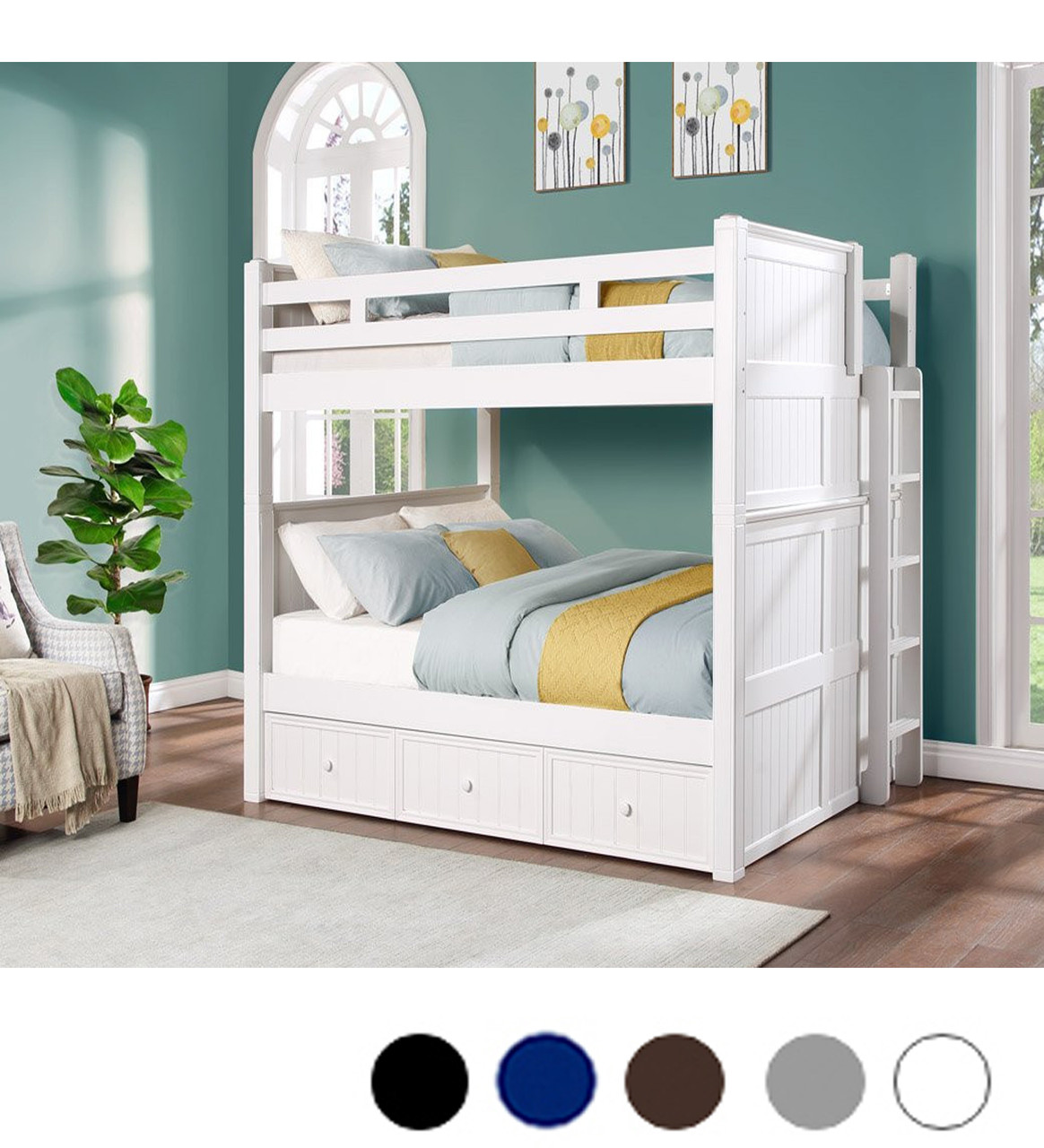 Queen High Bunk Bed w/ Straight Ladder on End - Coastal Style