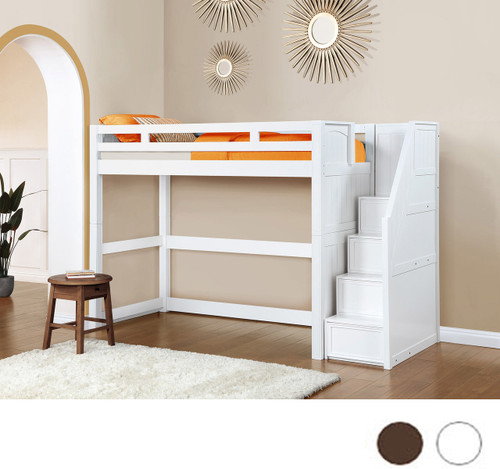 Dillon Coastal White Twin Loft Bed with Storage Stairs