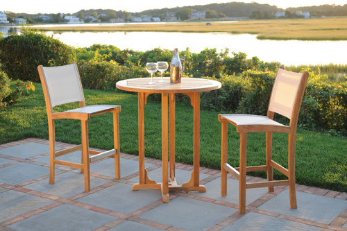 Consists of a 37" Round Essex High Dining Table and two St. Tropez Armless High Dining Chairs(pictured in Sand).