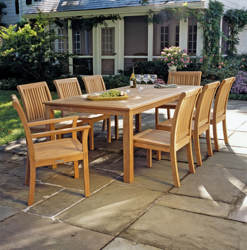 Consists of one 85" Wainscott Teak Dining table, two Chelsea Dining Arm Chairs and six Chelsea Dining Side Chairs.