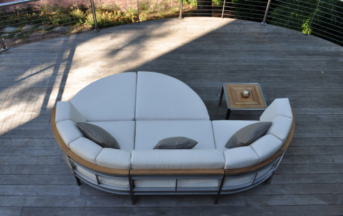 Consists of two Curved Corner Chaise, one armless chair and two Curved Ottomans. Pillows and side table sold separately.