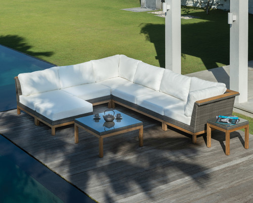 Consists of two Sectional Corner Chairs and Left/Right Ends, one Sectional Armless Love Seat, two Sectional Armless Chairs and one Sectional Ottoman. Occassional tables sold separately.