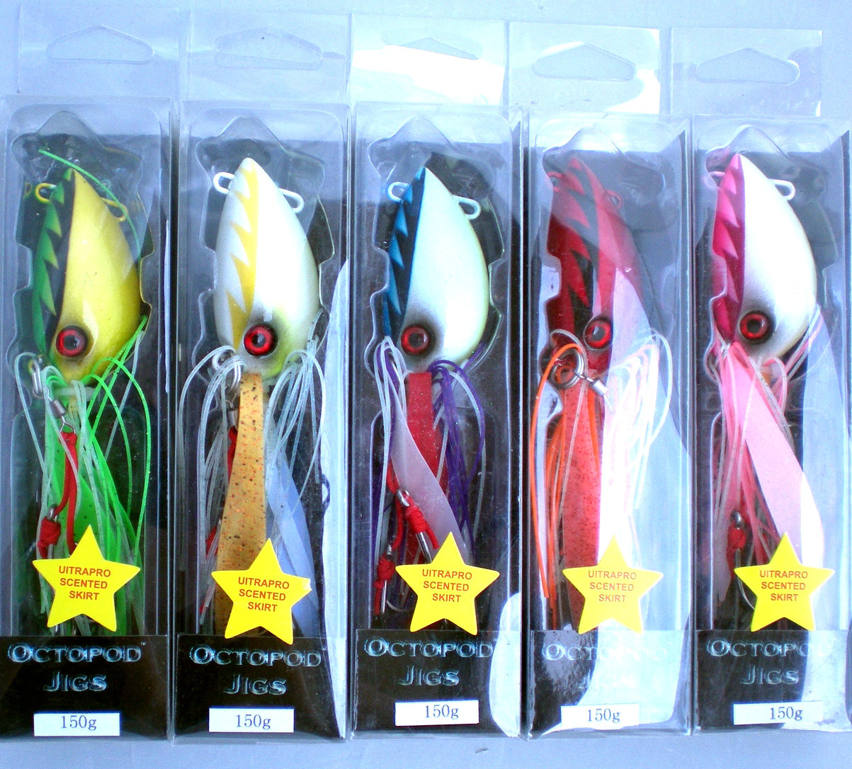 Chomp Lures Fishing Octopod Jigs 150g x 5 Colours, Scented Skirts