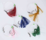 Snapper Feather Fishing Jig Rigs X 5, Strong Circle Hooks, Lumo Beads, 5 Colours