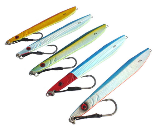 Chomp Fishing Lures Deep Water Kingfish Knife Jigs 300g x 5 Lures Fluoro  Belly Assist Hook - Wholesale Fishing Supplies