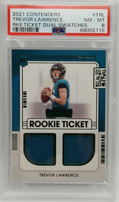 Trevor Lawrence Jaguars 2021 Contenders Rookie Ticket Dual Swatches Card PSA 8