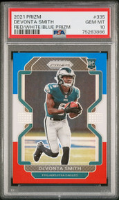 Devonta Smith Eagles 2021 Panini Prizm Red White Blue Rookie Card #335 PSA 10