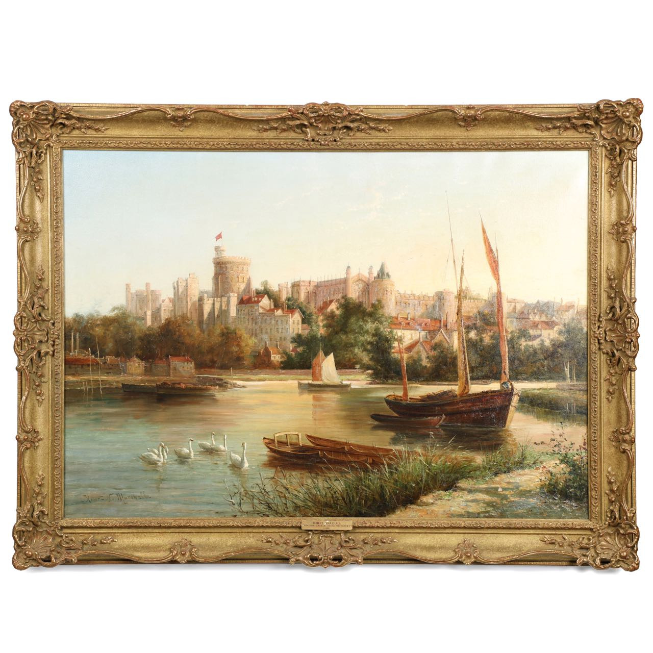 Antique English Landscape Painting Of Windsor Castle From Thames C