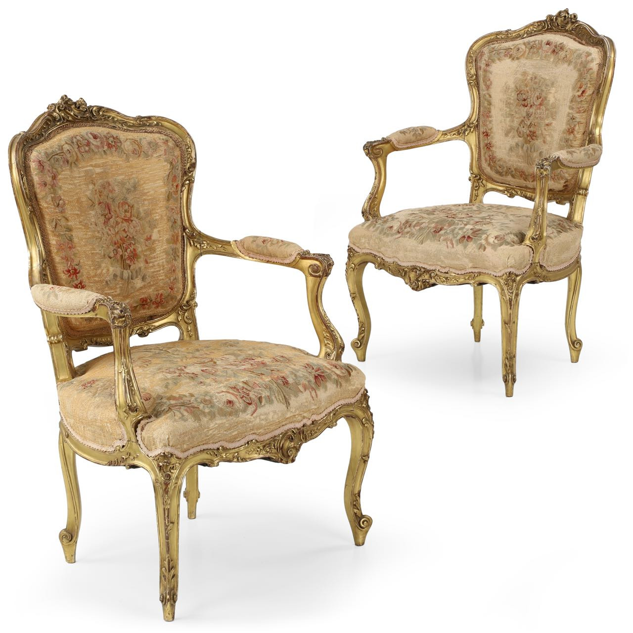 Exceptional Pair of Gilt French Louis XV Fauteuil Arm Chairs c. 1870