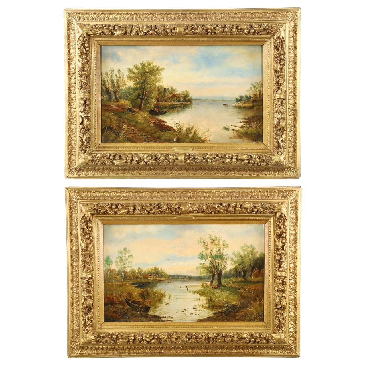 Pair Of Antique Lake Landscape Paintings England 19th Century