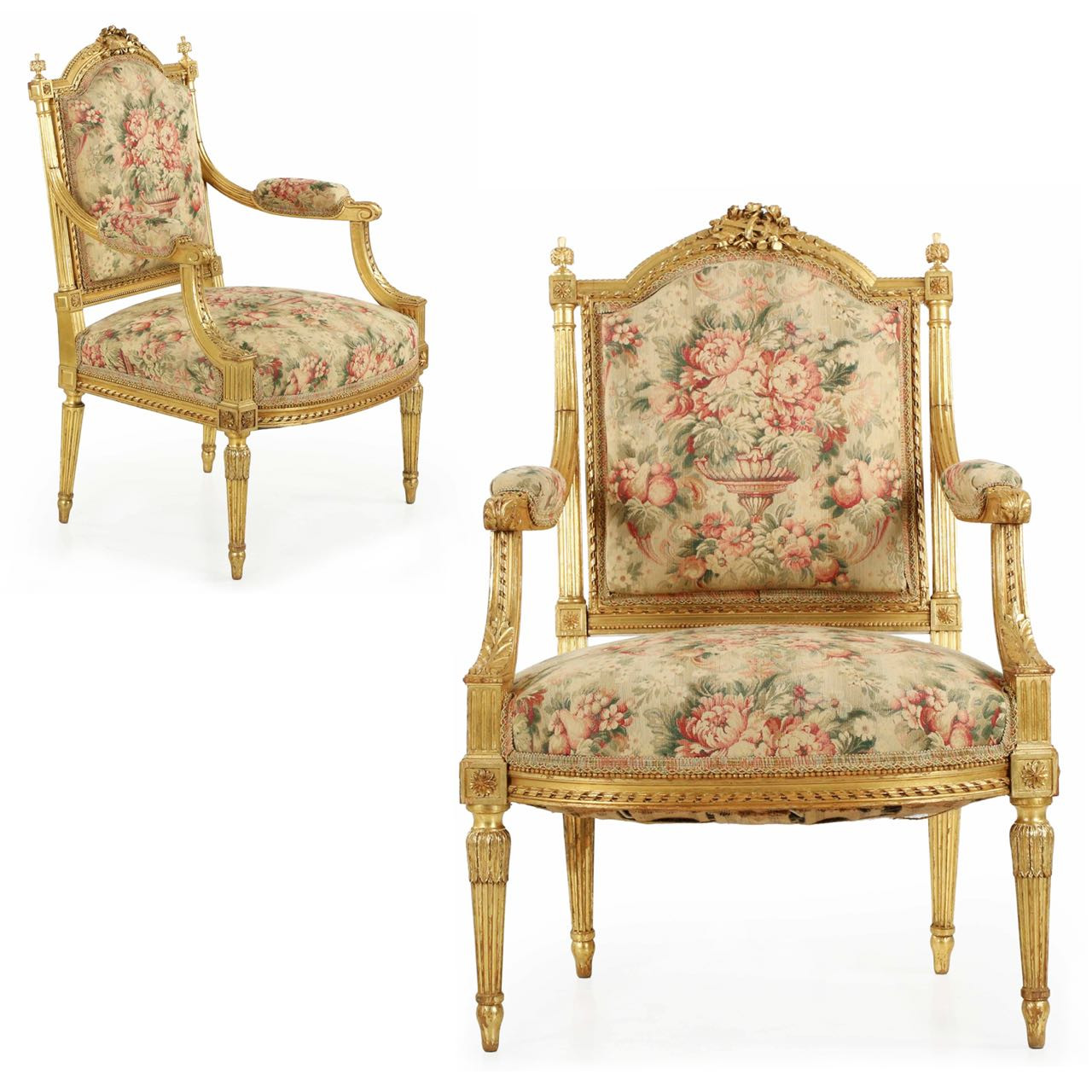 Fine Pair of French Louis XVI Style Giltwood Arm Chairs