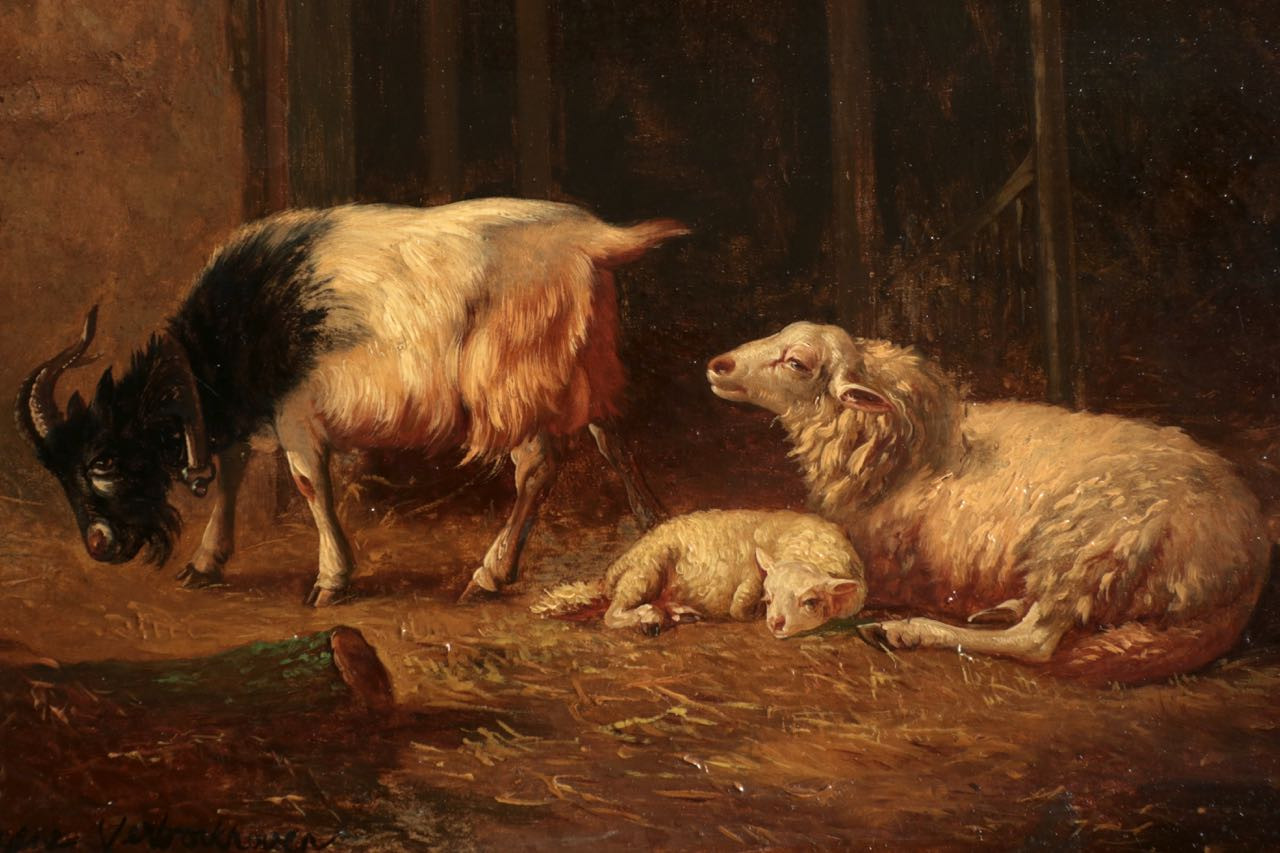 Verboeckhoven Belgian 1798 1881 Painting Of Barn Interior