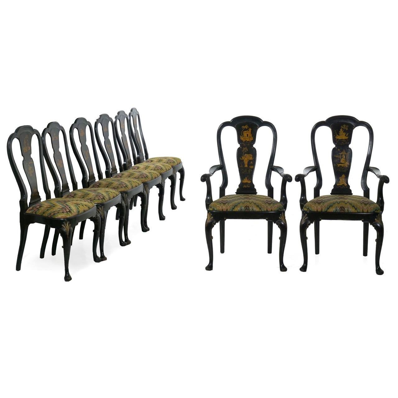 Set Of Eight Queen Anne Style Black Lacquer Chinoiserie Dining Chairs