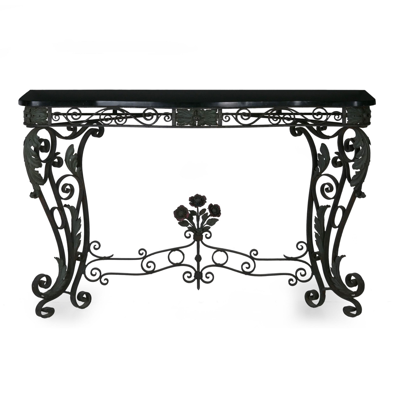 Pair Of Wrought Iron Black Marble Console Tables 20th Century