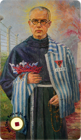 St. Maximilian Kolbe prayer card with 3rd Class Relic