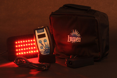 Red LED light therapy pad for pain relief and inflammation, showing flexible design and controller