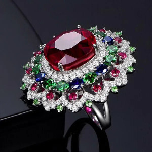 Luxurious Silver Natural Gemstones Ruby And Emerald and Sapphire White Sapphire  Size 9