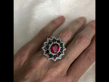 Luxurious Silver Natural Gemstones Ruby And Emerald and Sapphire White Sapphire  Size 8