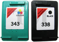 HP 338 & HP 343 Remanufactured Ink Cartridges Multipack- High Capacity Black & Tri-Colour Ink Cartridges - Compatible For  (SD449EE, HP338, HP343, C8766EE, C8765EE)