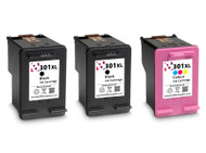 HP 301 XL Remanufactured Ink Cartridges 3-Pack- High Capacity Black & Tri-Colour 3-Pack Ink Cartridges - Compatible For  (CH563EE, CH564EE, HP 301XL, 301XL)