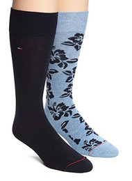 Tommy Hilfiger Men's Hibiscus Solid Crew Socks - 2 Pack (S (7 - 12), Costal Blue Heather/ Classic Navy)