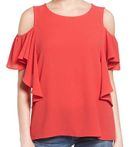 Bobeau Women's Petite Cold Shoulder Ruffle Sleeve Top (XXSP, Red Saucy W4669)
