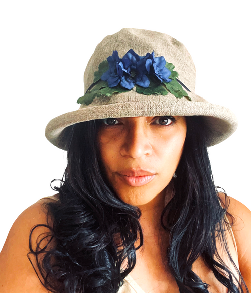 Summer Rose (MB) – Linen (Blue Flower), Direct from the designer Peak and Brim Hats.