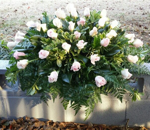 3 Dozen Rose Casket Spray with assorted Greenery and Accent Flowers. Any Color Available. 