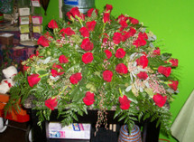 3 dozen Red Roses Casket Spray with Accent Greenery